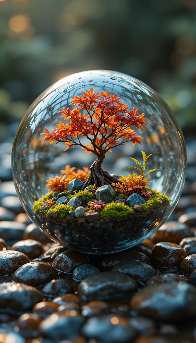 Esfera de vidro macro com terrário de árvore de outono em miniatura