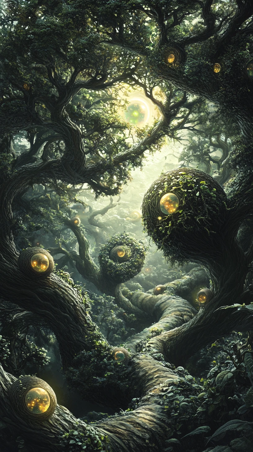 Paisagem surreal com árvores em espiral e frutos luminosos de mundos