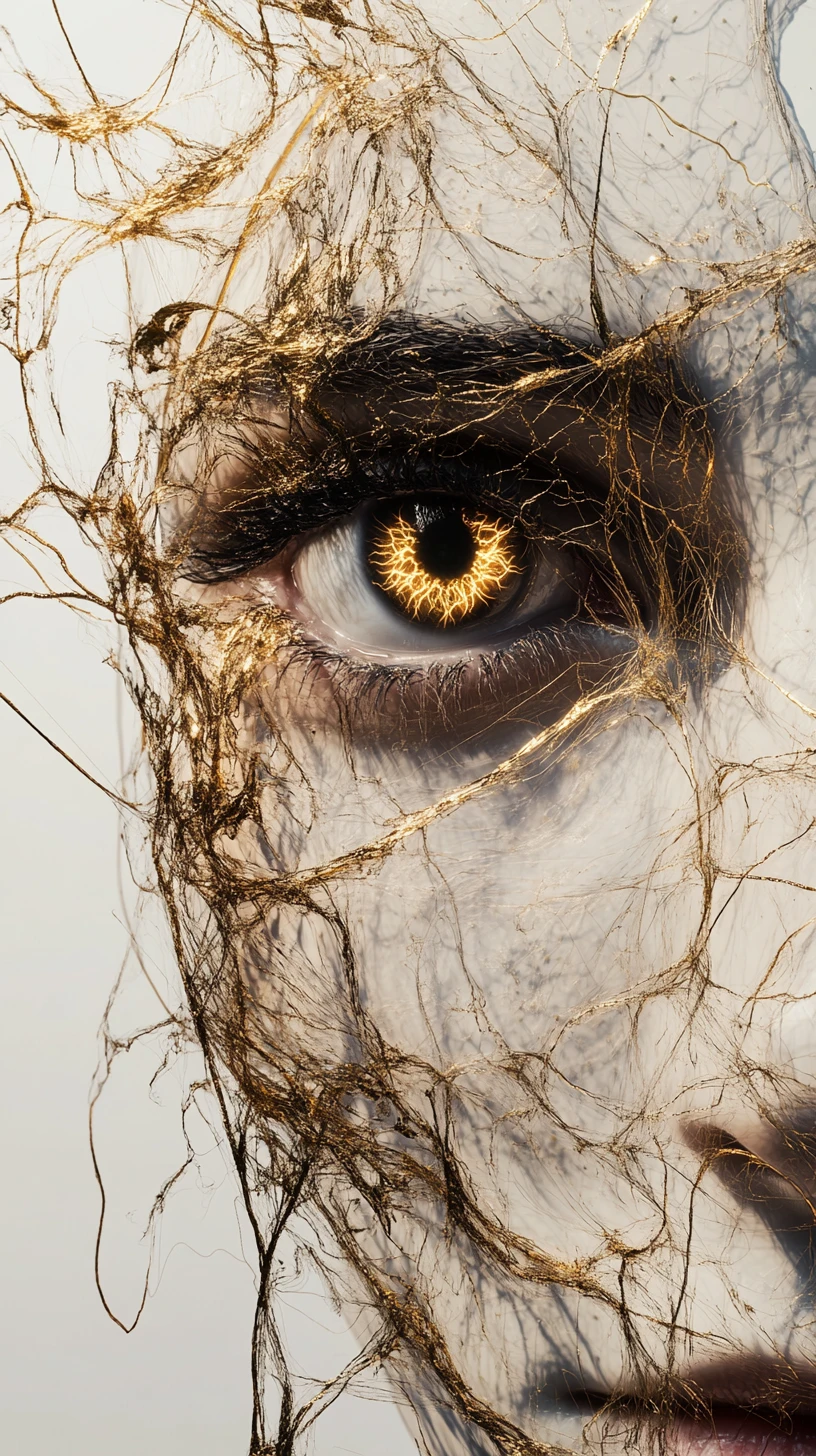 Rosto humano fragmentado e surreal tecido com fios dourados luminosos