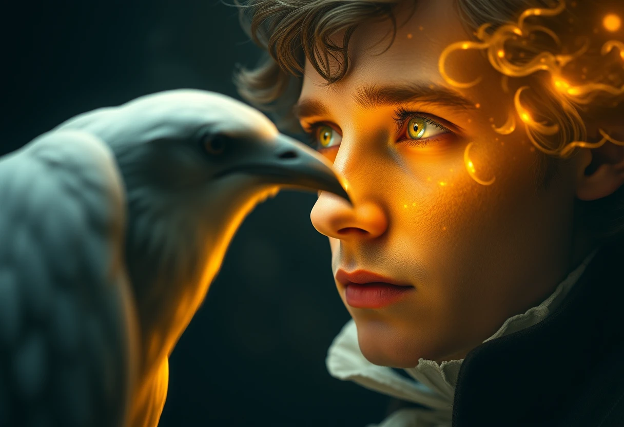 Jovem em transe iluminado por um corvo branco brilhante