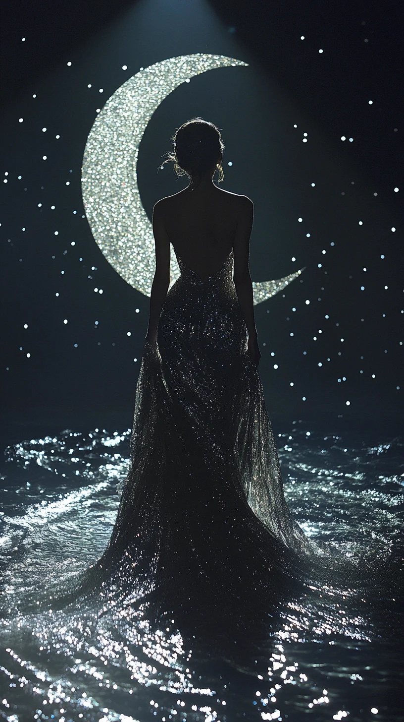 Femme sortant d’un portail en croissant de lune dans une robe étoilée