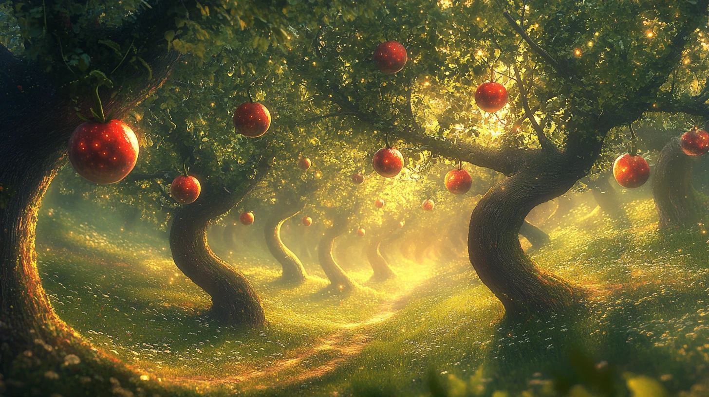 Árboles en espiral surrealistas con frutos suavemente brillantes como pequeños mundos