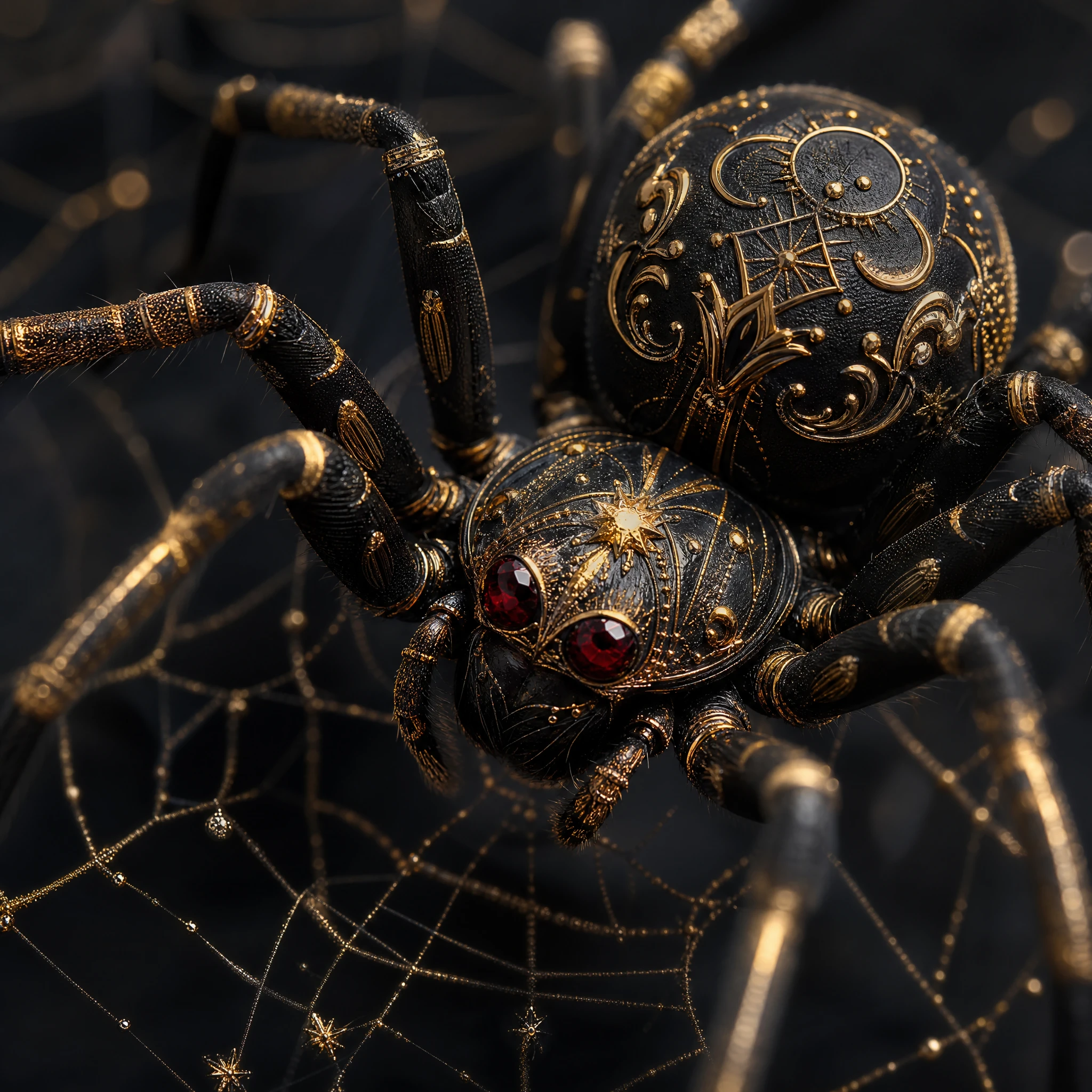 Ornate black and gold spider on intricate shimmering web