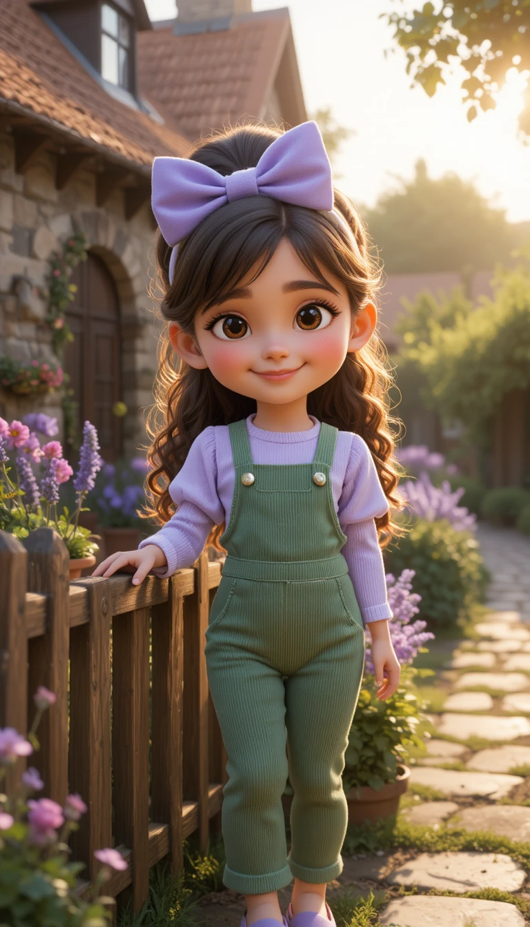 Petite fille au style Pixar dans un jardin de cottage chaleureux