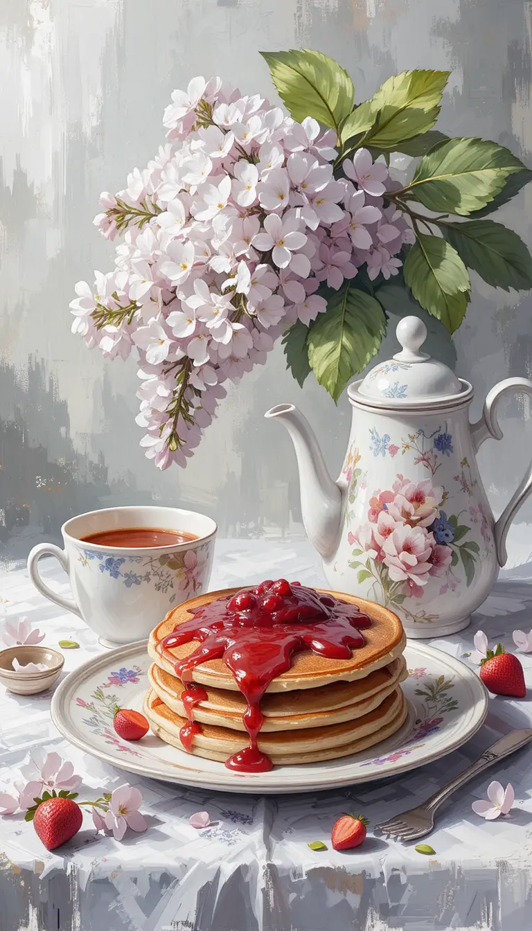 Abstraktes Stillleben zum Frühstück mit Pfannkuchen und Teeset