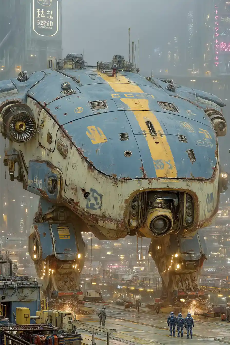 Colossal industrial mecha in a futuristic starship drydock
