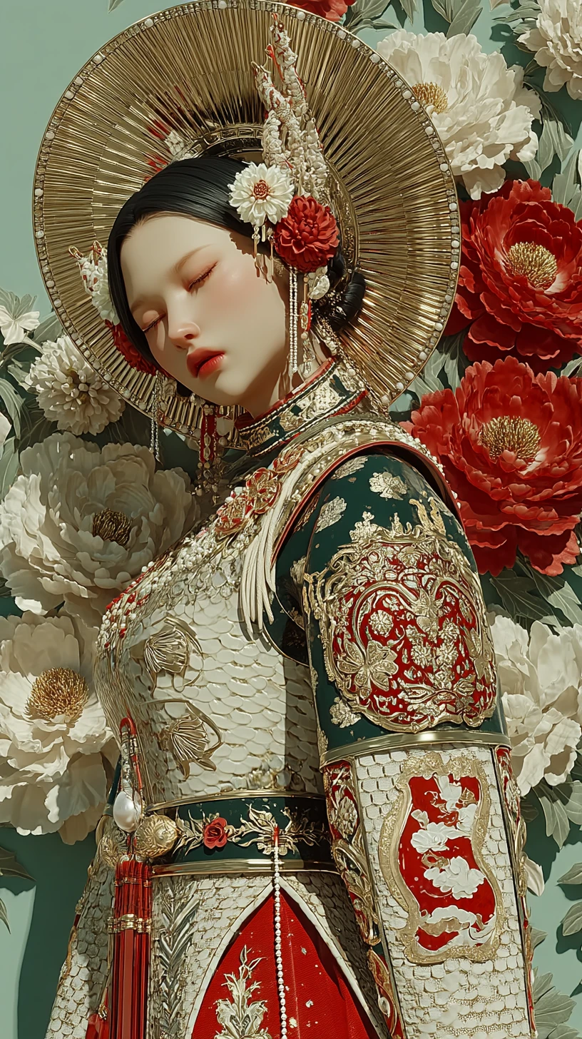 Retrato de imperatriz mítica em um deserto floral surreal