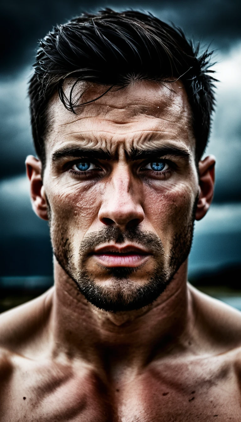 Homem alto e musculoso em retrato cinematográfico ao ar livre na tempestade