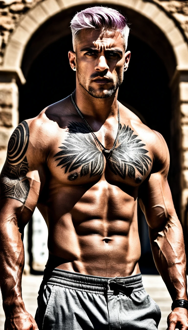 Homem musculoso tatuado em paisagem rochosa sob sol escaldante