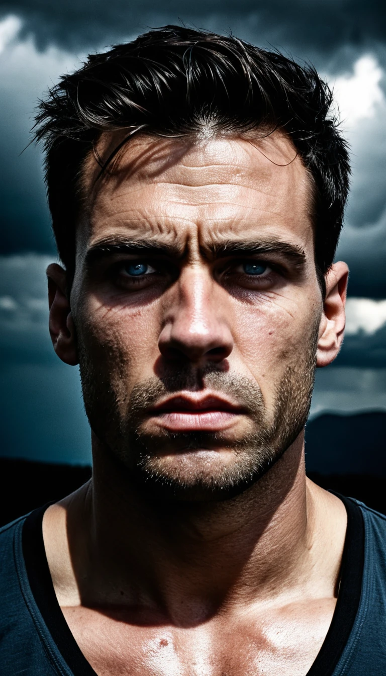 Homem alto e musculoso sob um céu tempestuoso e dramático
