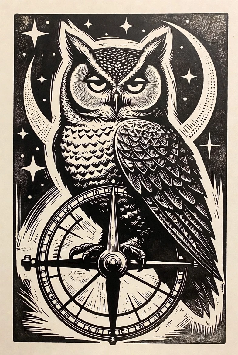 Coruja de Duas Cabeças em Linogravura sobre Antigo Astrolábio