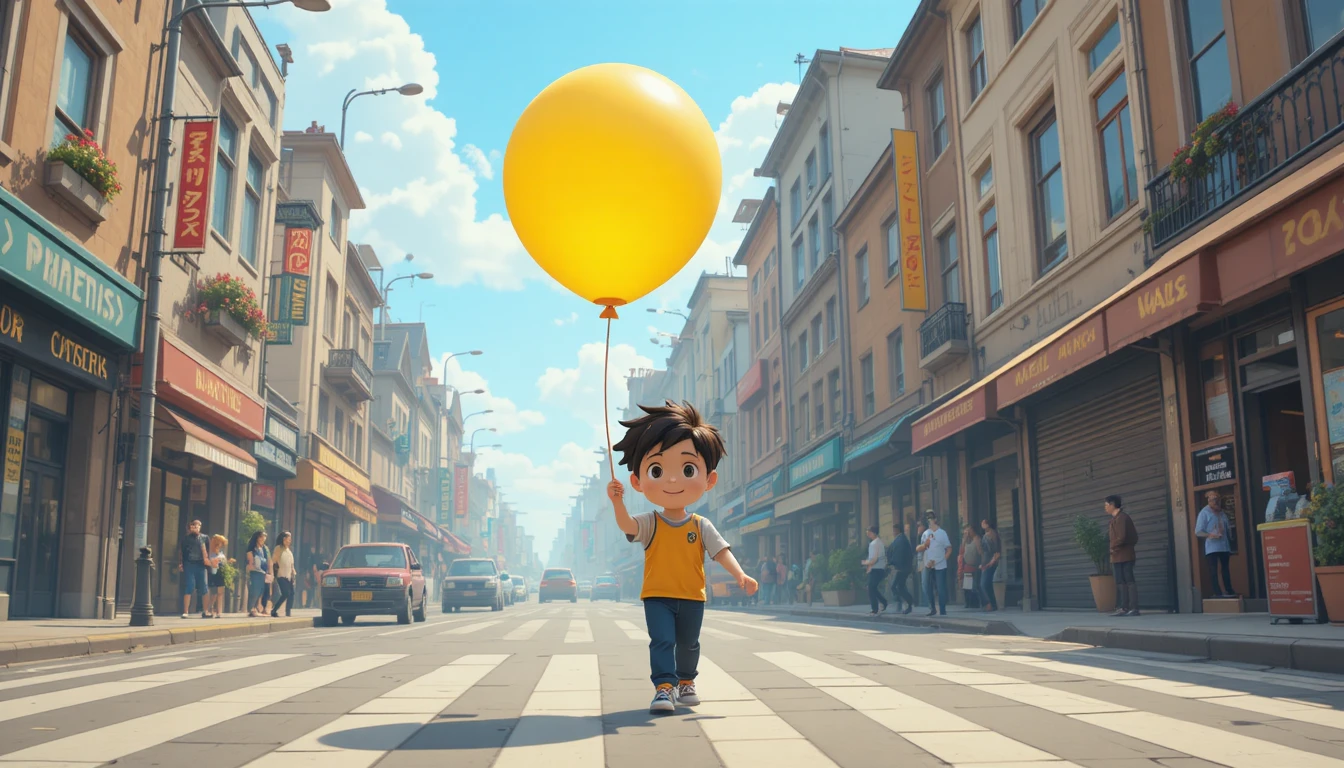 Menino de desenho animado caminhando na rua com um grande balão amarelo