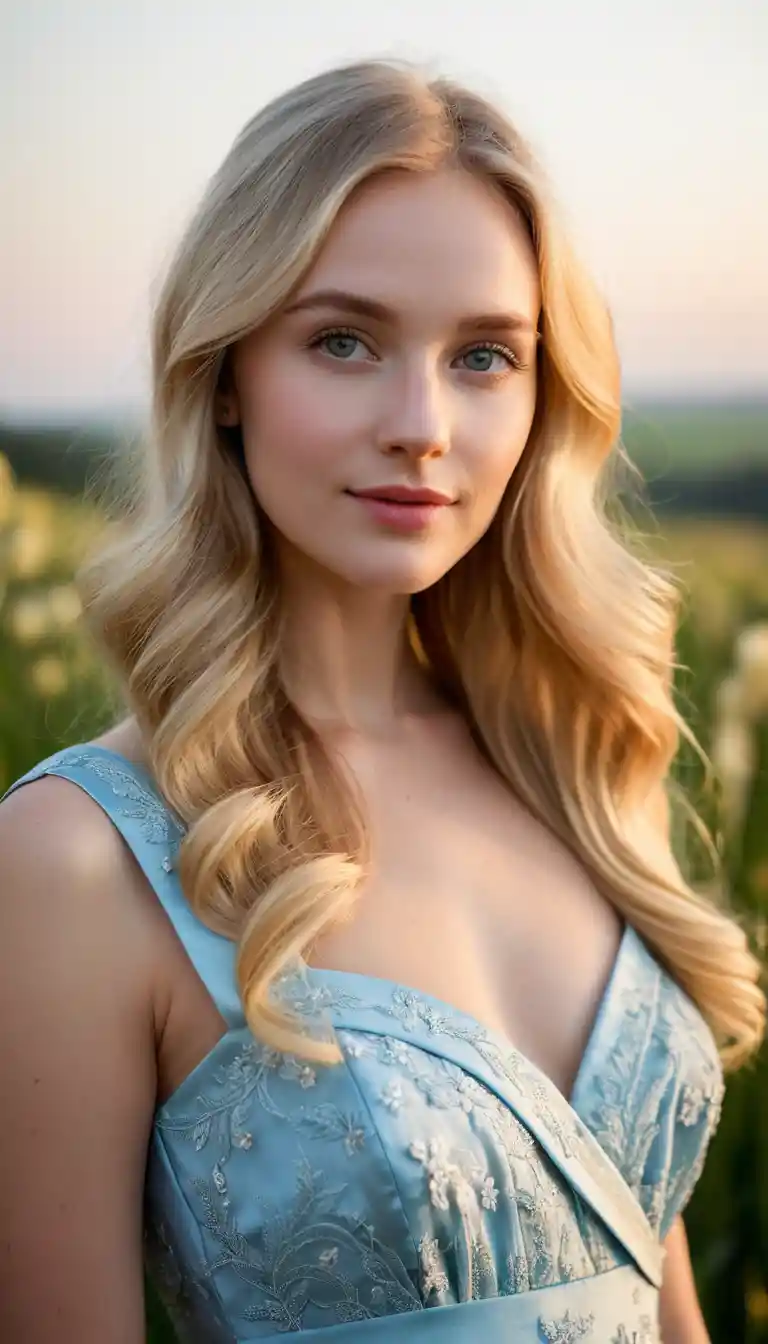 Blonde Frau im romantischen Kleid in einem sonnenbeschienenen Blumenfeld