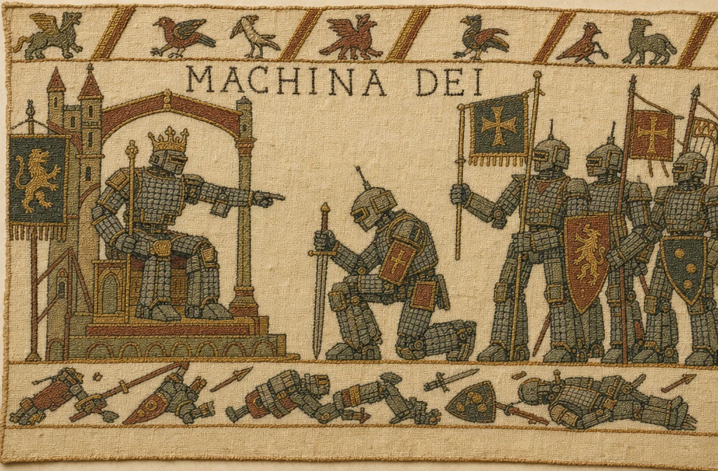 Medieval style tapestry of mecha battle and kneeling king