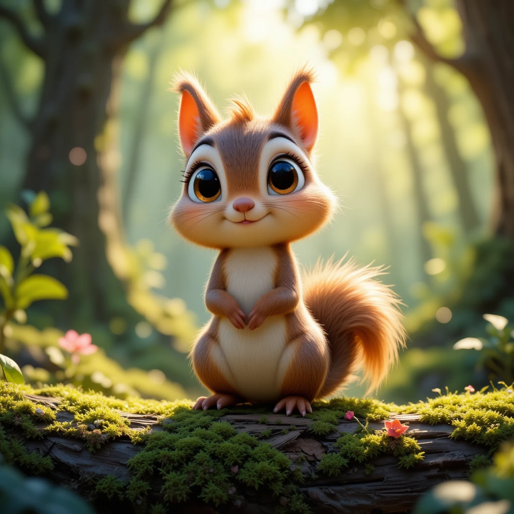 Fofo esquilo bebê 3D em tronco coberto de musgo na floresta