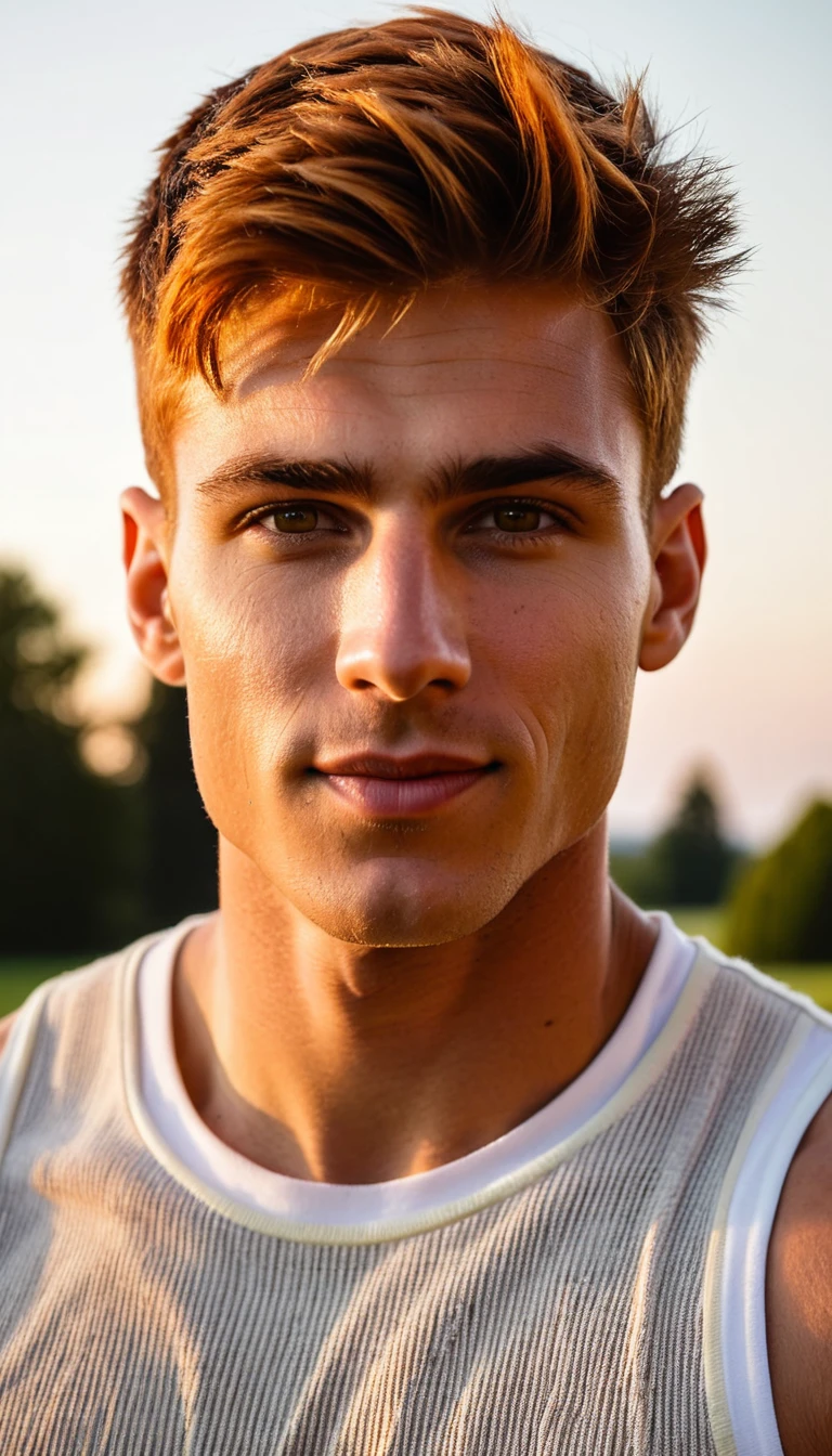 Jovem confiante e musculoso ao pôr do sol em roupa esportiva casual