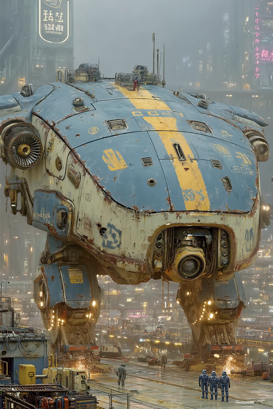 Colossal industrial mecha in a futuristic starship drydock