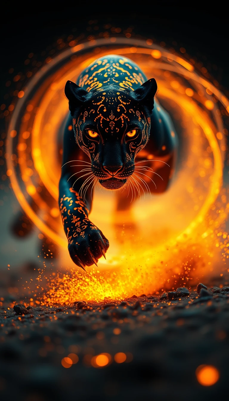 Surrealer Panther im wirbelnden Glutlicht