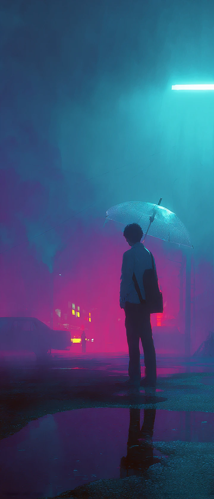 Garoto de anime com guarda-chuva em rua de cidade neon à noite