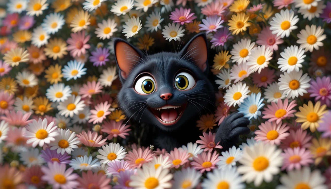 Gato negro curioso asomándose desde un vibrante muro de margaritas