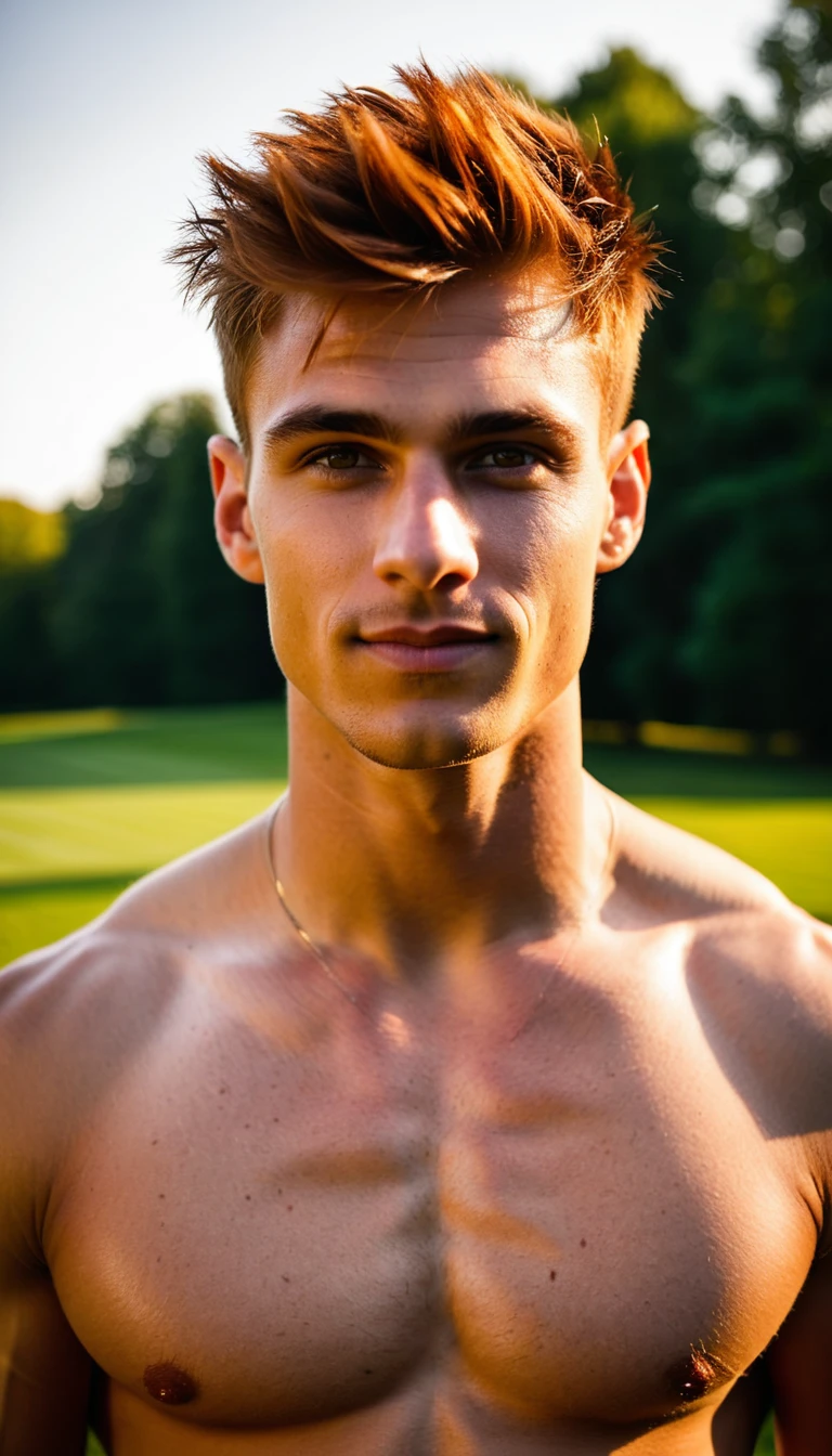 Retrato de corpo inteiro de jovem musculoso e confiante à luz do sol