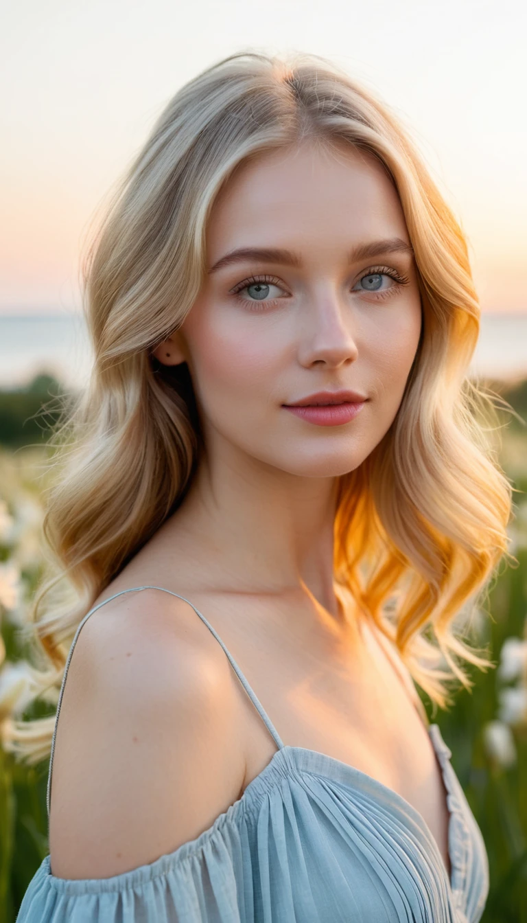 Blonde Frau im romantischen Kleid im Sonnenuntergangsfeld