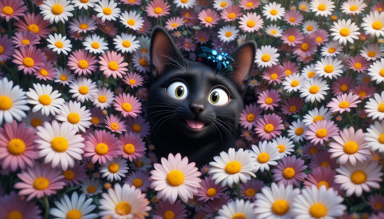 Chat noir joueur qui regarde derrière un mur de marguerites colorées
