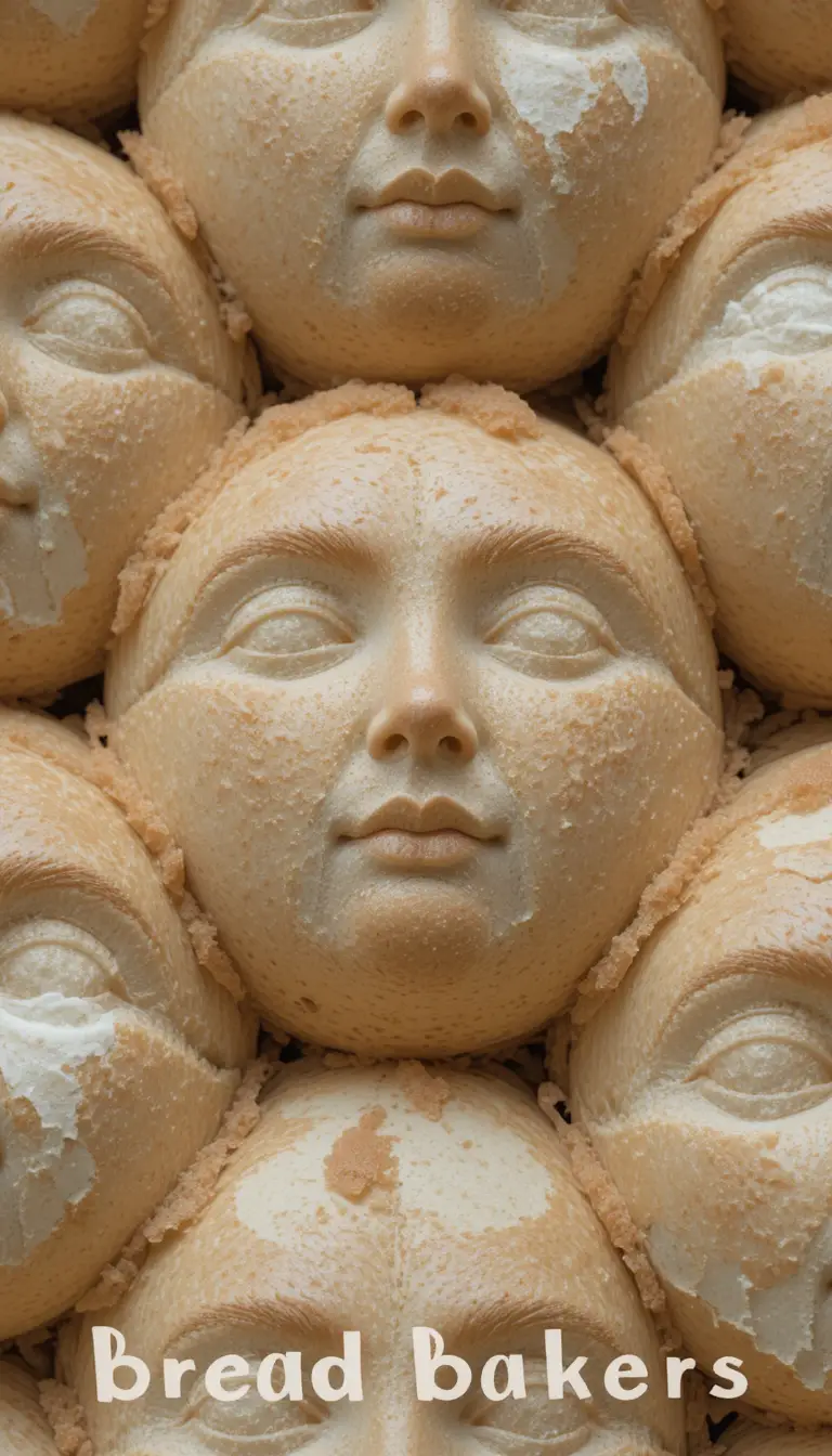 Nahaufnahme von Brot in Form menschlicher Gesichter mit Text