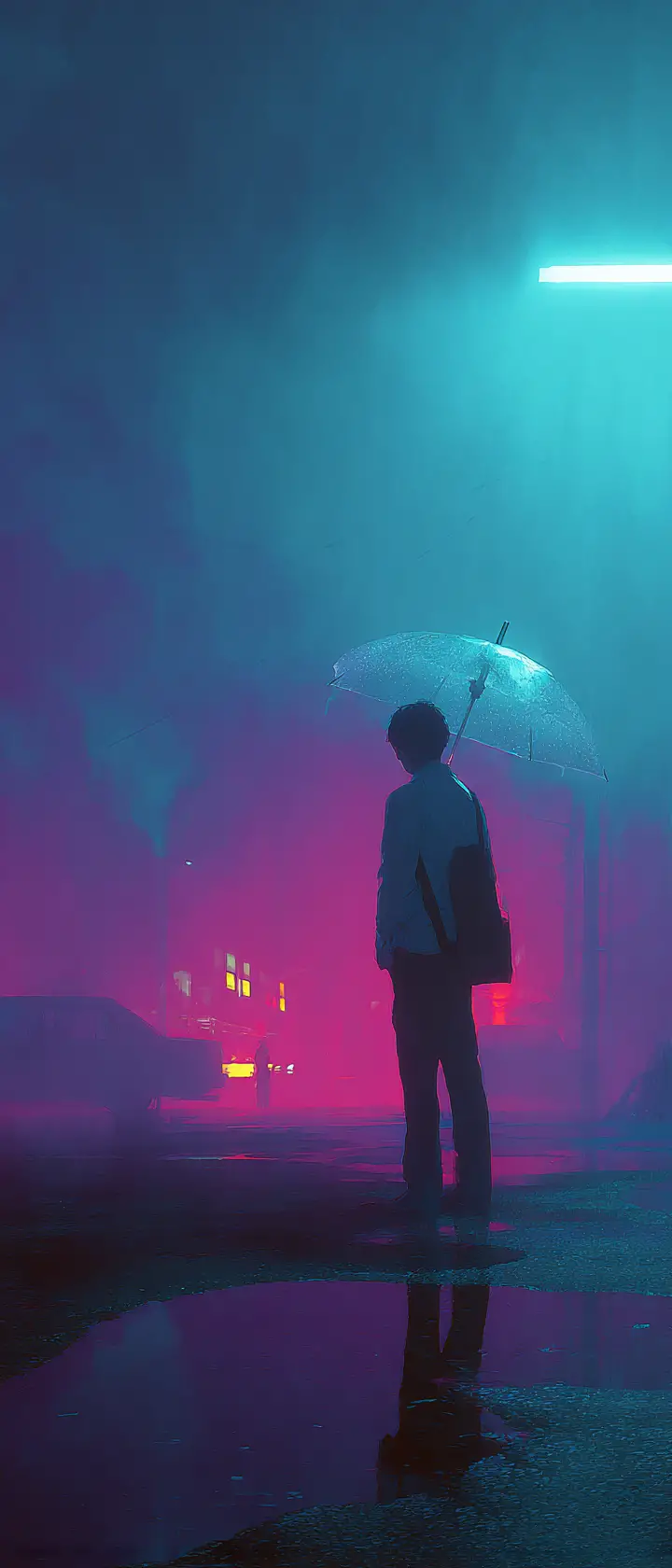 夜晚霓虹城市街道上的撐傘動漫少年