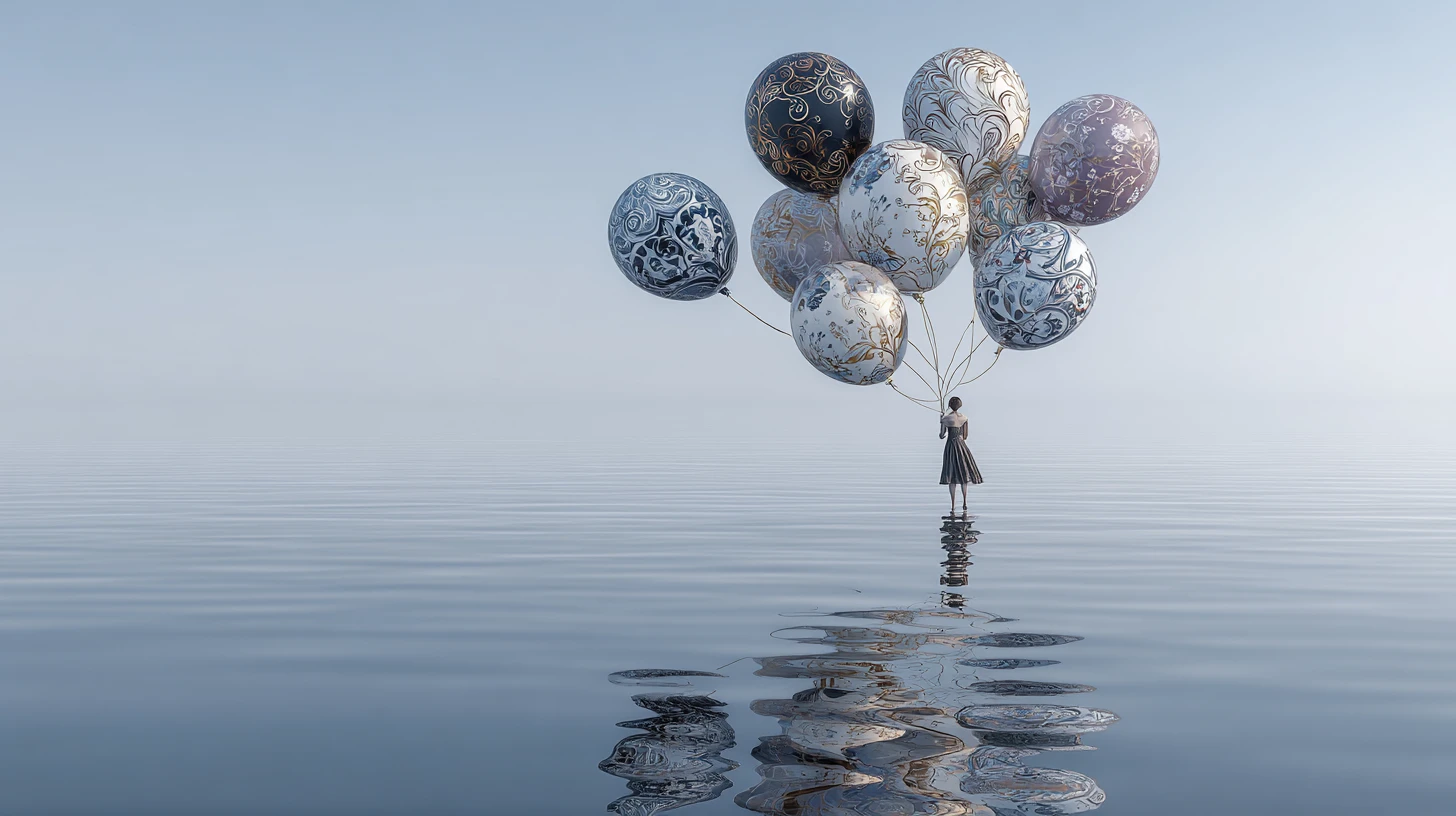 Ballons surréalistes flottant au-dessus d’une surface d’eau réfléchissante