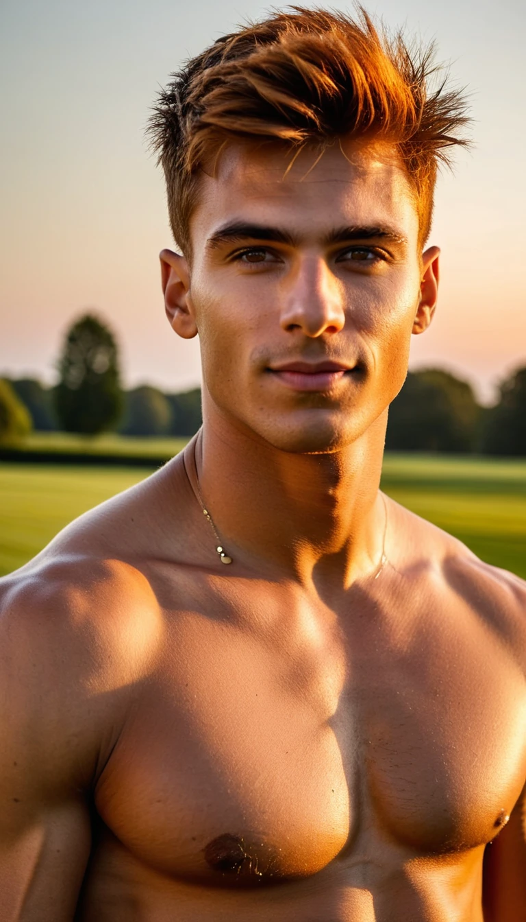 Homem atlético confiante em roupa casual ao pôr do sol