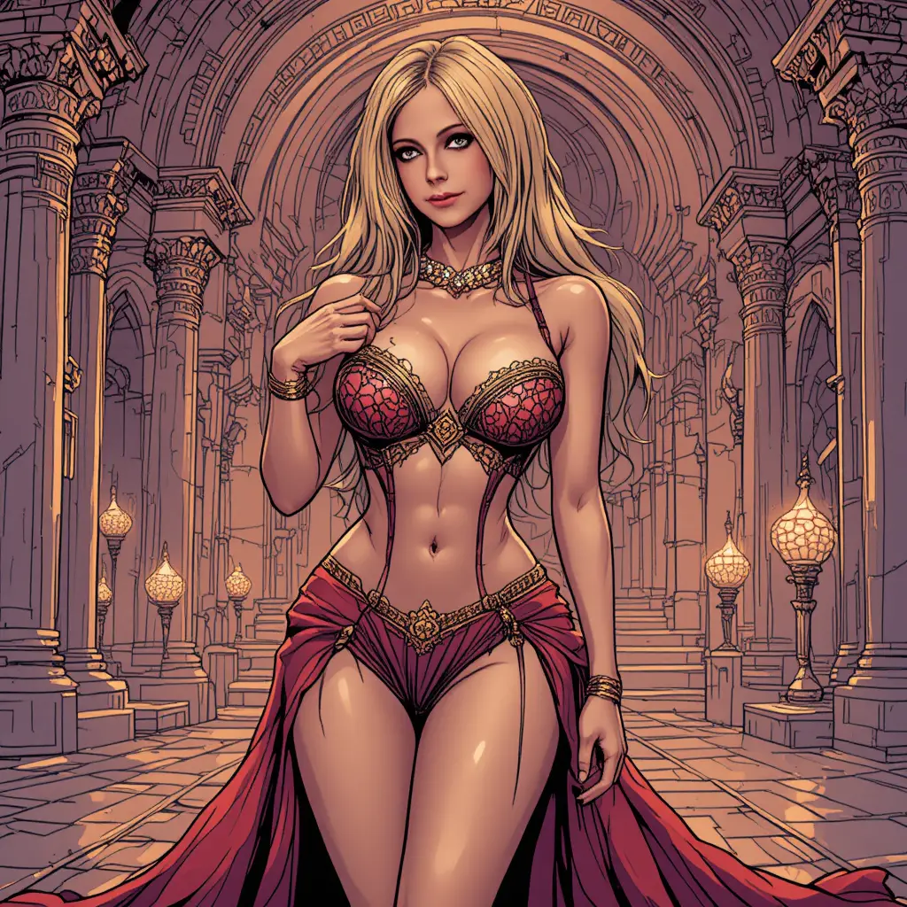 Curvy harem woman in lingerie at ornate Arabian palace