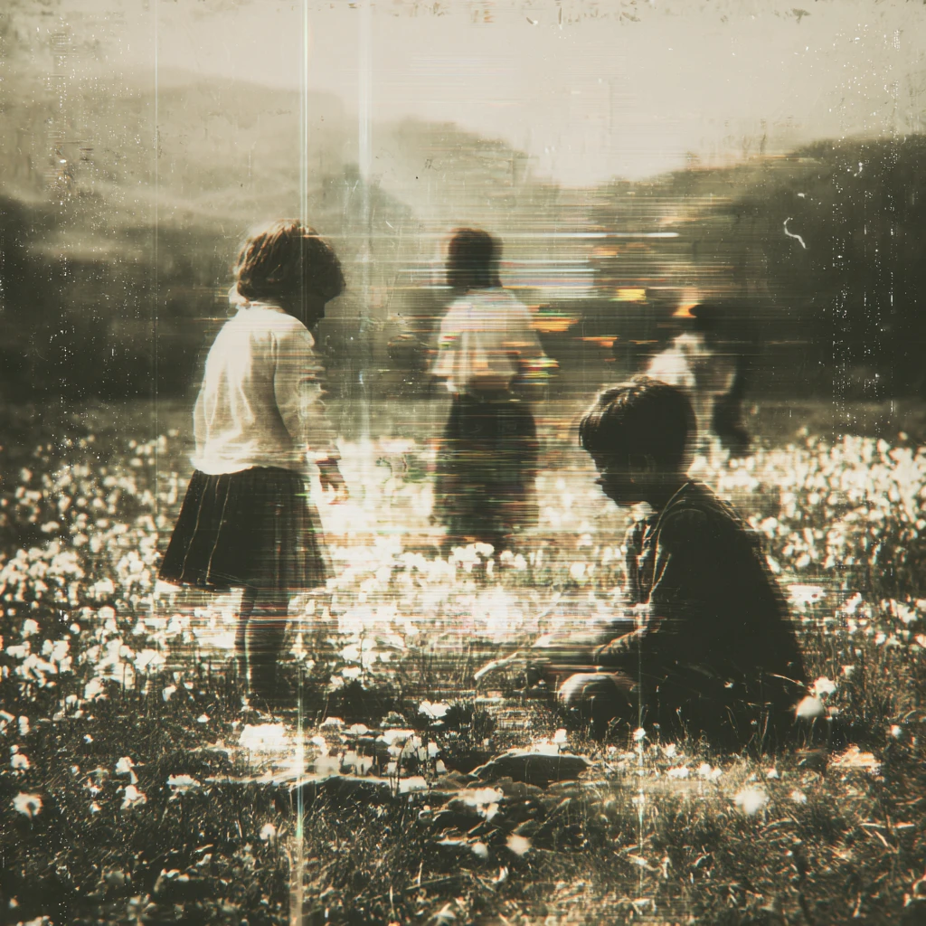 Enfants jouant dans une photographie vintage d’un champ de fleurs
