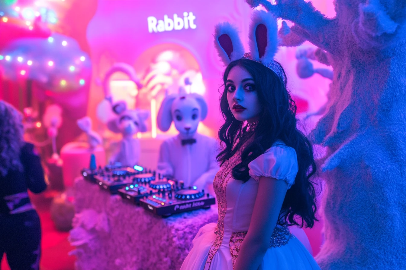 Pista da ballo rave con DJ surreale nel paese delle meraviglie