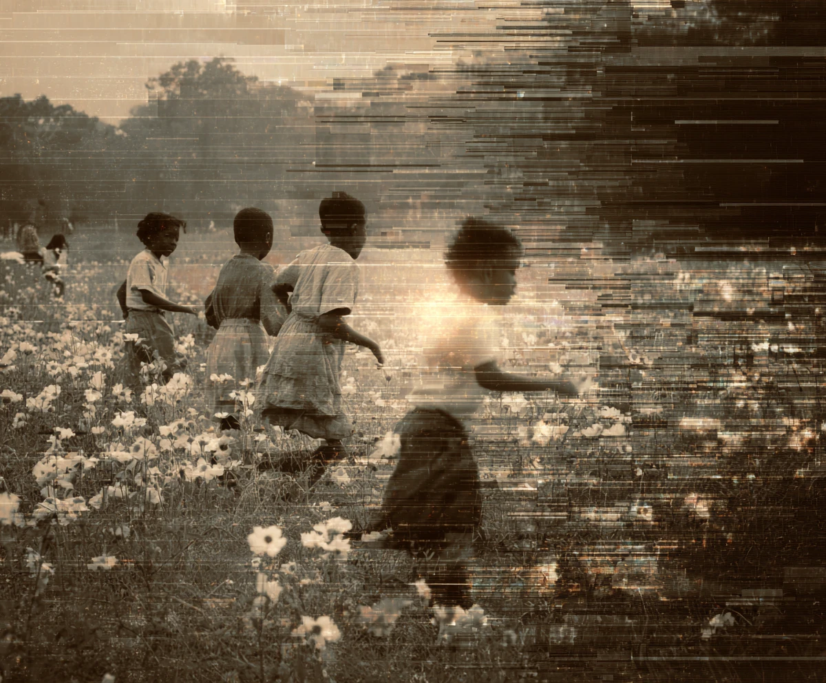 Enfants nostalgiques jouant ensemble dans un champ de fleurs sauvages