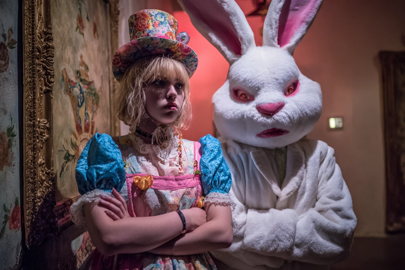 Festa rave de Alice no País das Maravilhas com o gato sorridente