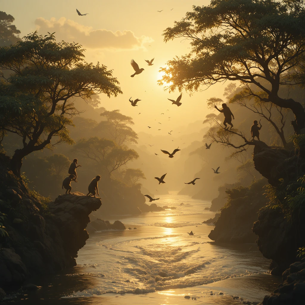 Río dorado al atardecer con aves cruzando el cielo
