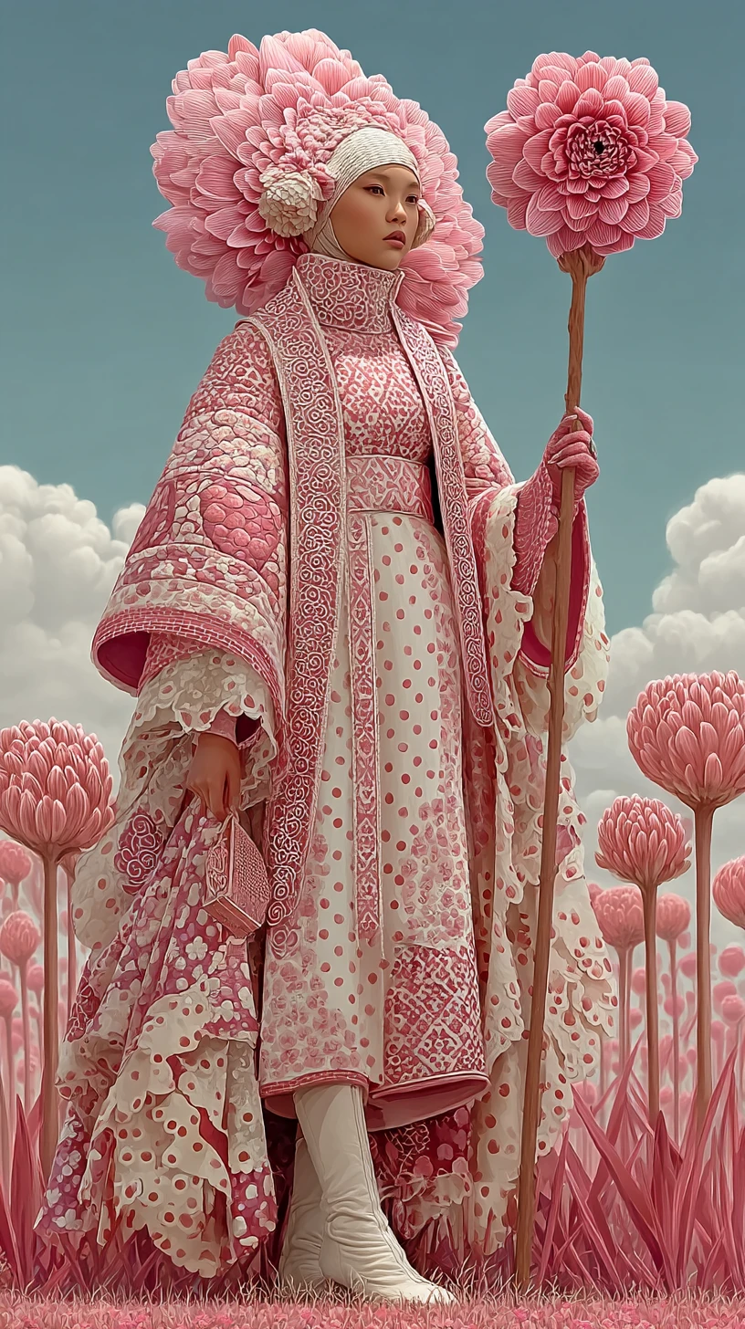 Mulher do leste asiático com adereço floral na cabeça em campo rosa de fantasia