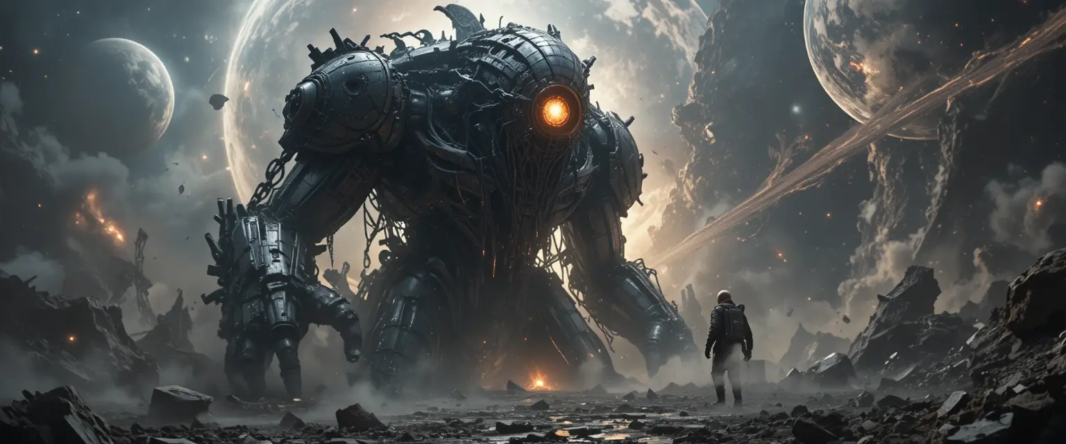 Kolossaler mechanischer Gott, der aus einem zerbrochenen Planeten im All emporsteigt