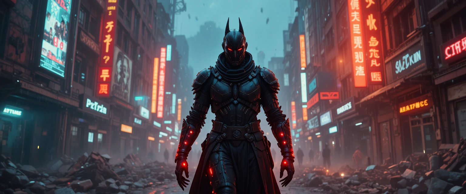 Cavaliere oscuro corazzato che cammina in una megacittà cyberpunk in rovina