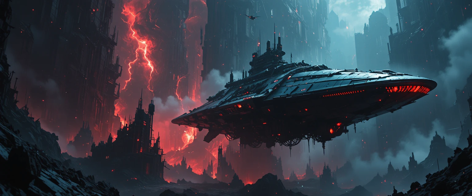 Nave espacial gigantesca cruzando una dimensión infernal de formas monstruosas