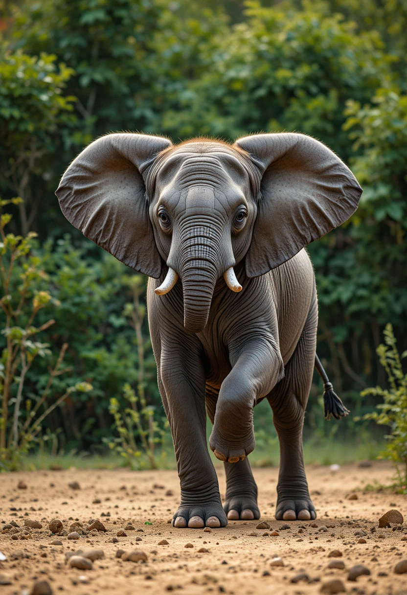 Elefante jovem caminhando em solo arenoso em habitat exuberante