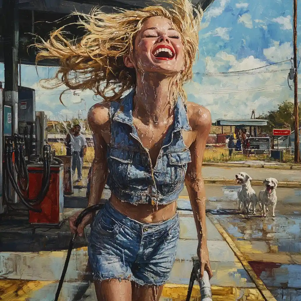 Laughing woman spraying herself at a gas station