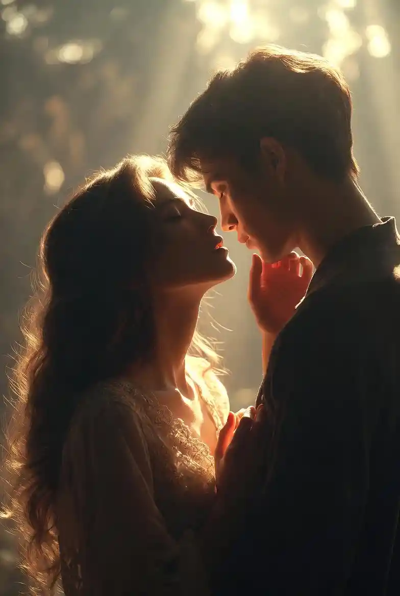 Tender romantic scene beneath a falling starry sky