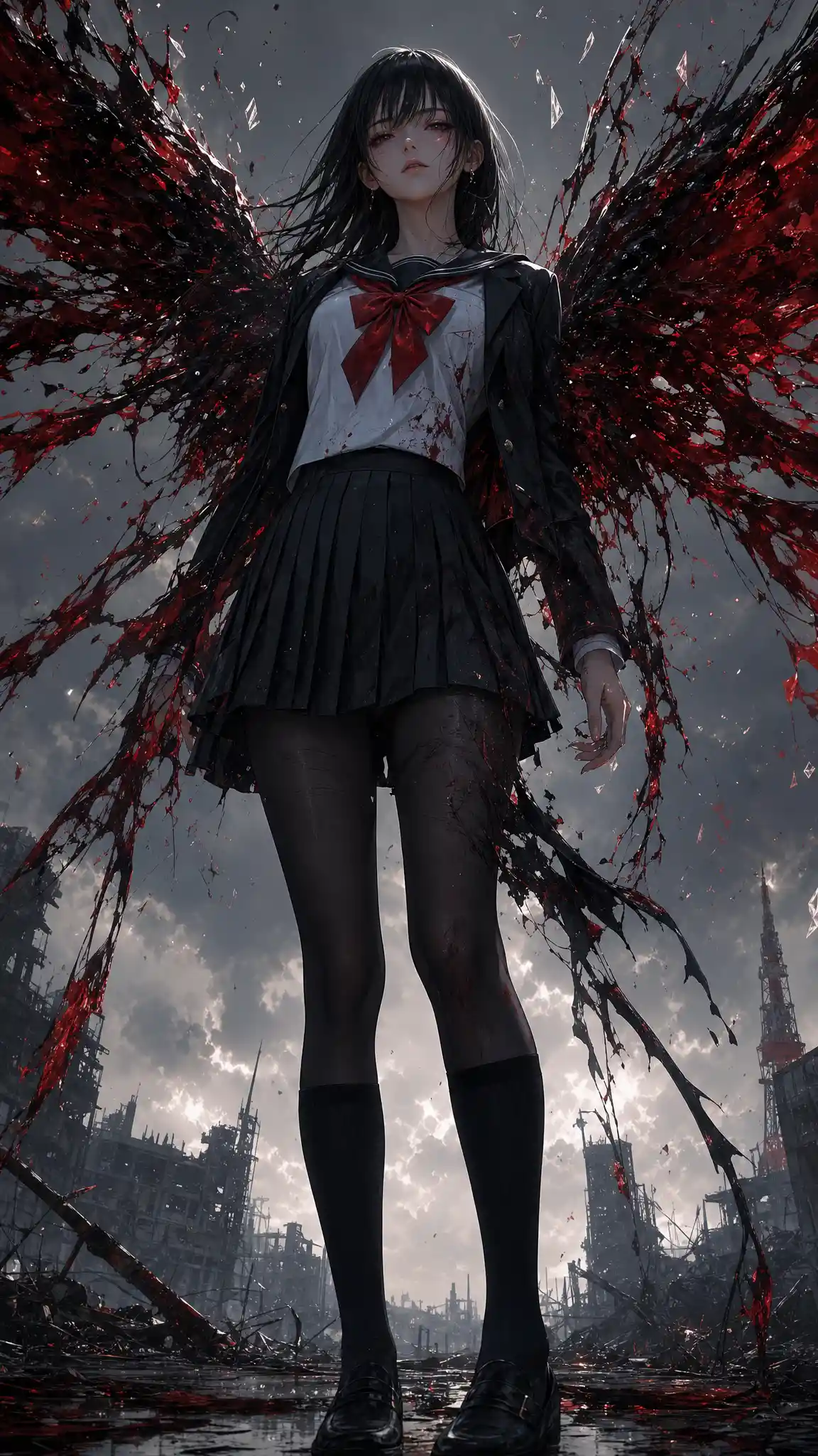Anime schoolgirl with bloodlike wings in ruined city