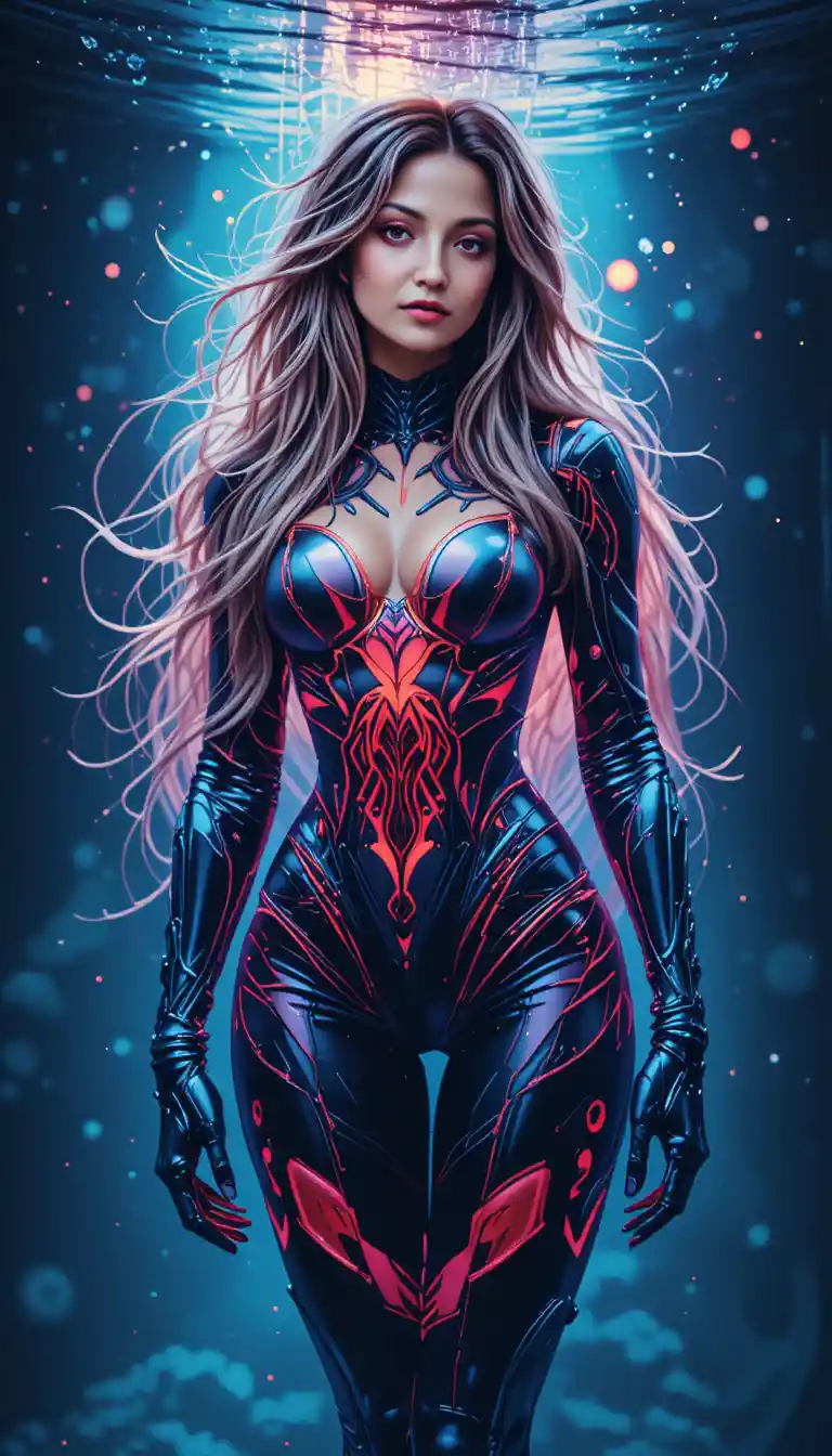 Femme robot futuriste en mode néon sous l’eau