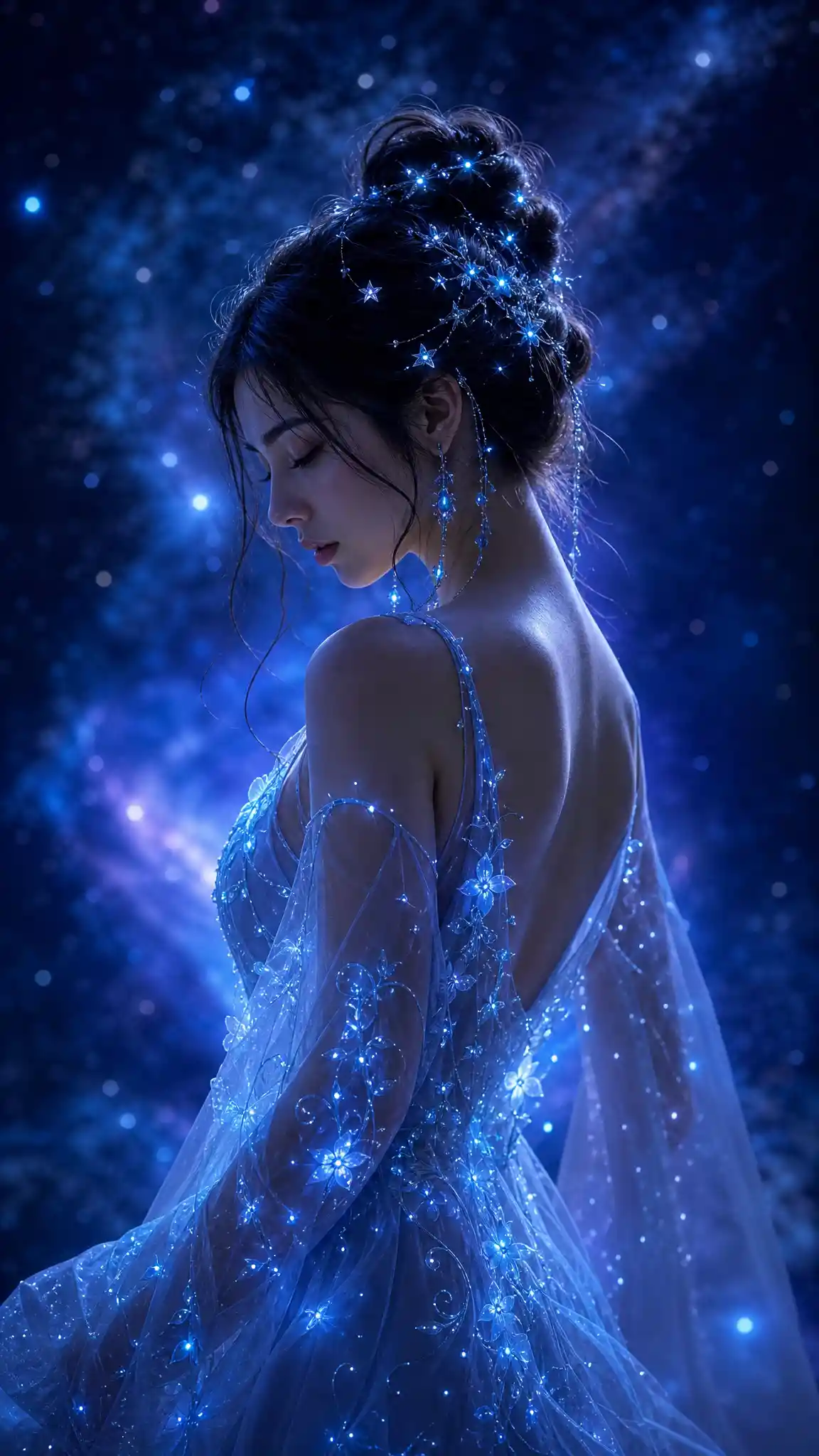 Graceful woman in glowing gown against cosmic blue void