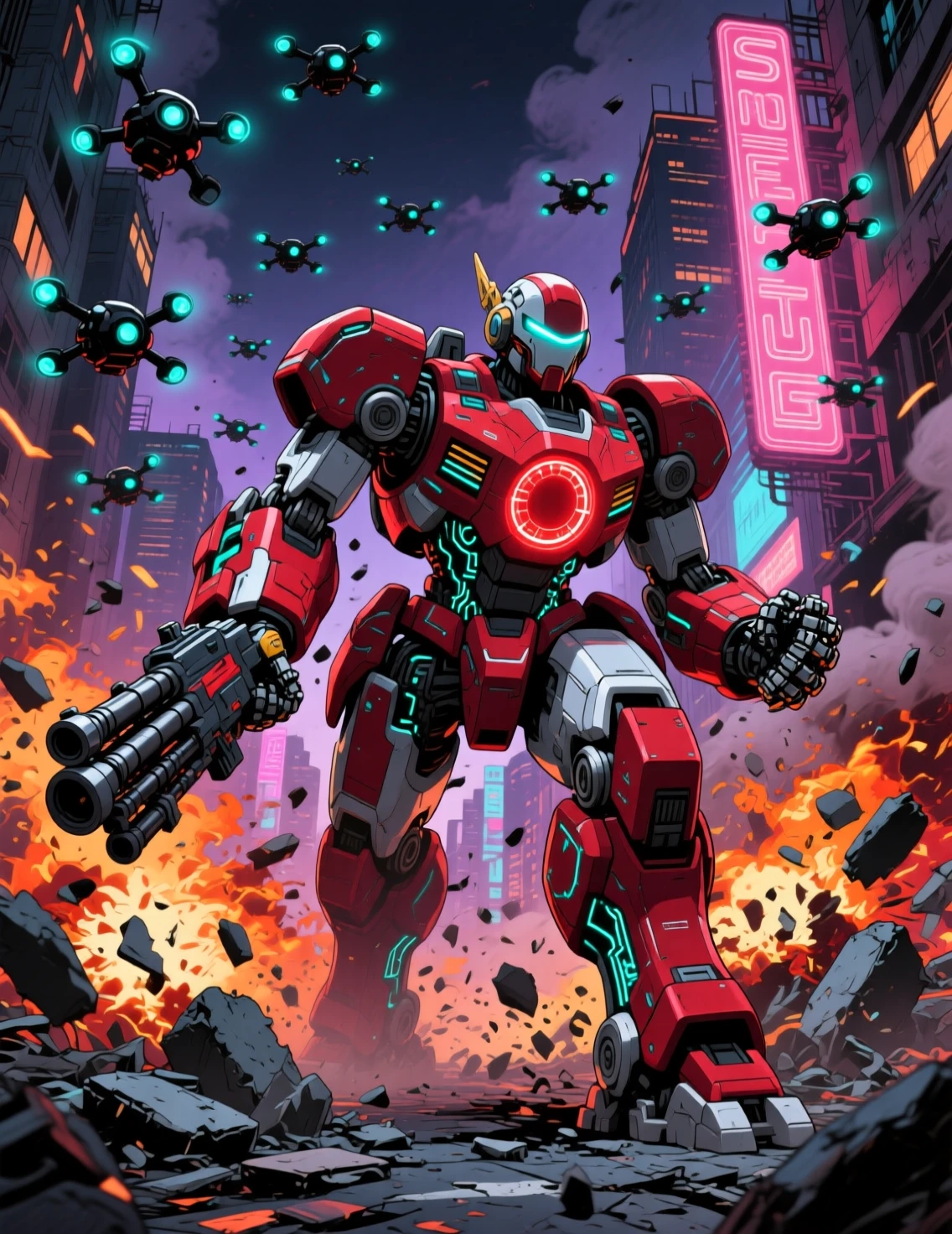 Imenso mecha de batalha avança por cidade cyberpunk em explosão
