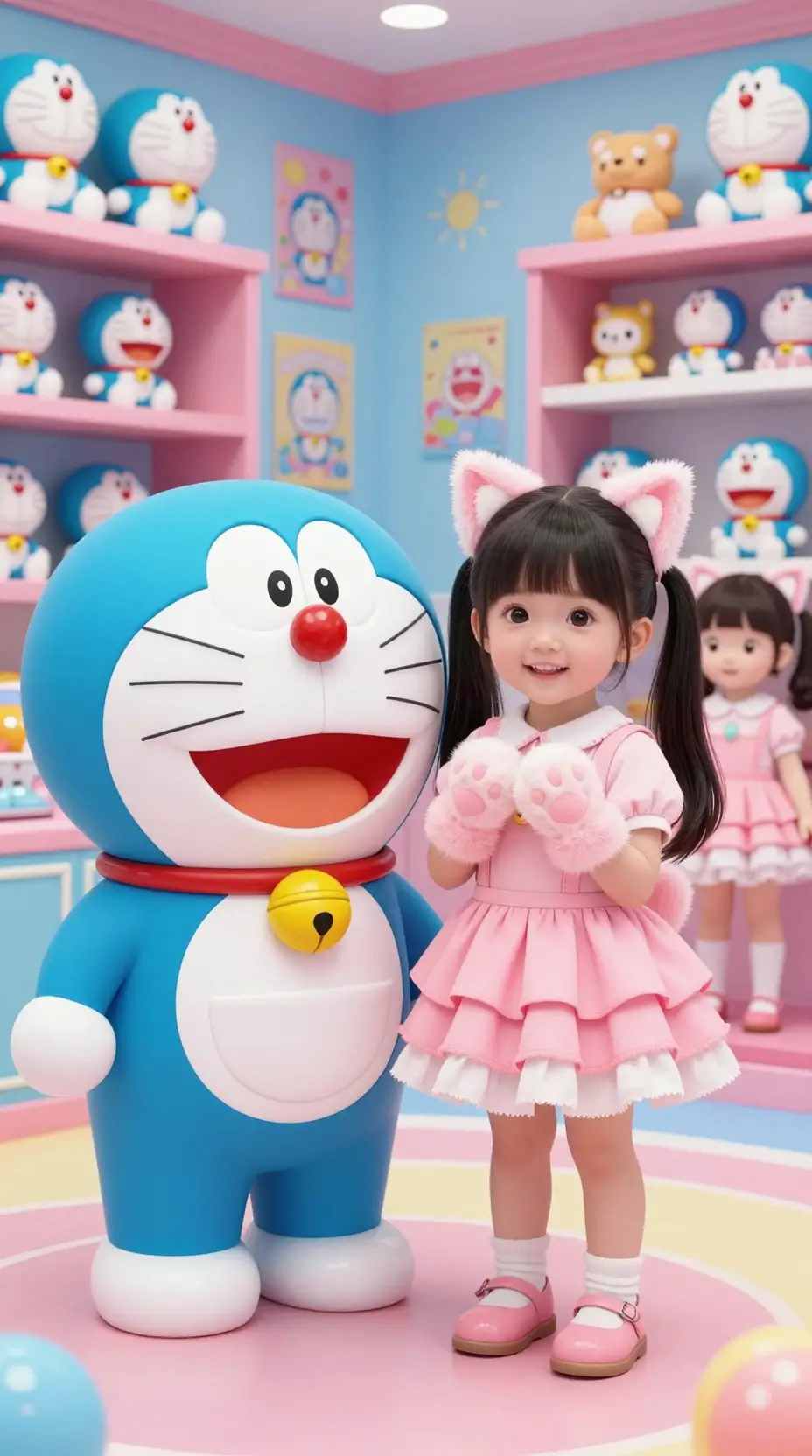 Adorables enfants en cosplay bleu et rose dans une chambre remplie de jouets