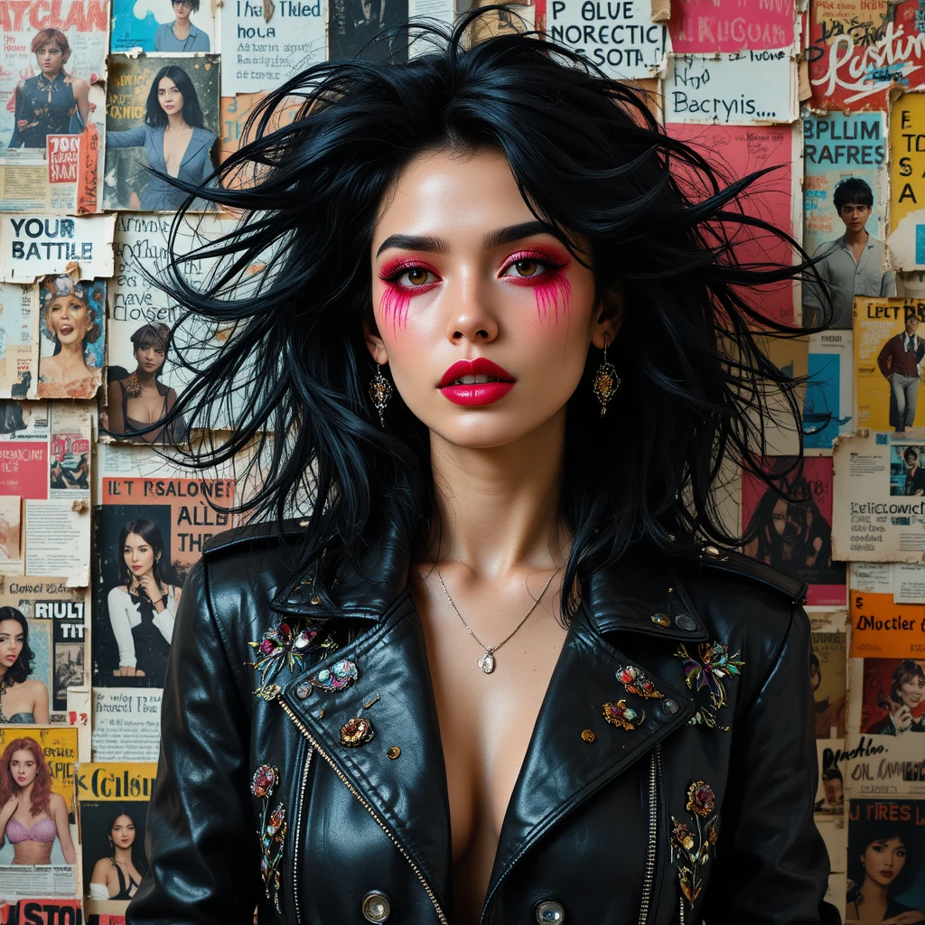 Confident punk fashion woman against retro collage wall